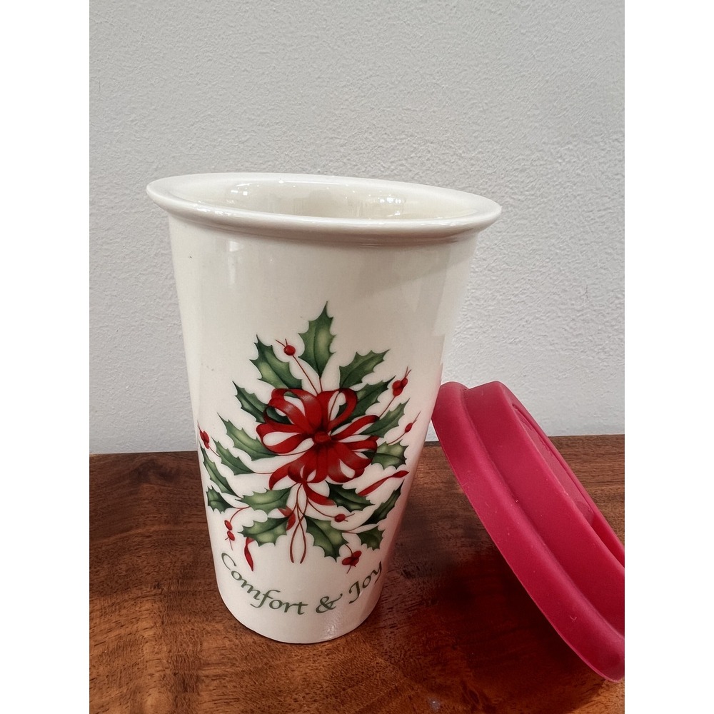 Lenox Comfort & Joy Christmas Holiday Coffee Cup Mug w/Silicone‎ Lid Travel 12oz